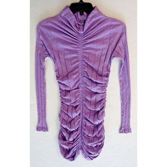 Monrow Women's Sz Small Purple Flat Rib Mock Neck L/S Shirred Mini Dress - Picture 9 of 10